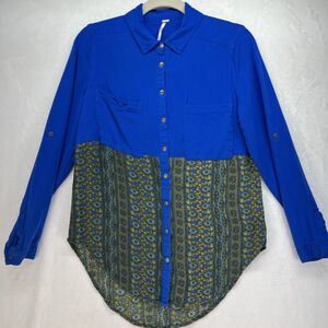 Free People Button‎ Down Top Women’s Small Roll Tab Sleeve Floral Print Academia